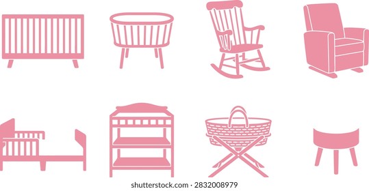 A set of pink vector icons representing various pieces of nursery furniture including cribs, a rocking chair, a changing table, and a bassinet.