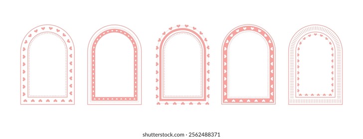 Set of pink vector linear abstract frames with hearts. Love theme. Elegant geometric borders in art deco style. for wedding invitations, birthday card. Vector modern illustration.