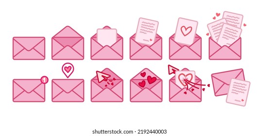 Set of pink vector mail envelope icons with new message marker isolated on white background. Visualize a pink email notification with love letters, hearts and a paper airplane.