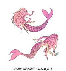 Set of pink vector mermaids. Mythical sea creatures isolated on the white background.