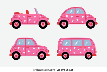 set of pink vehicle with heart pattern, van, retro car, convertible, and mini car illustration 