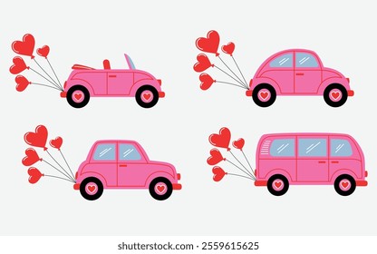 set of pink vehicle with red heart balloon, van, retro car, convertible, and mini car illustration 