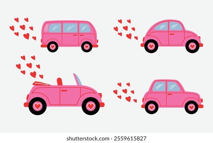 set of pink vehicle with red heart, van, retro car, convertible, and mini car illustration 