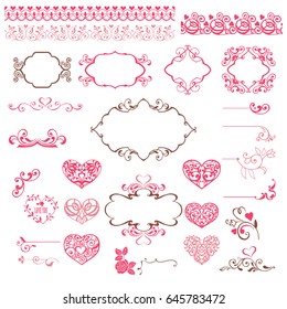 A set of pink vignettes, hearts, frames, borders for the design of postcards. Vector flourish vintage embellishments for greeting cards. 