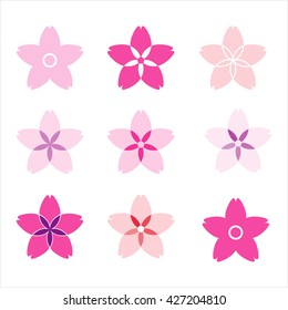 Set Pink Violet Logo Flowers sakura isolated on white color background. Cherry blossom icon set.  Vector