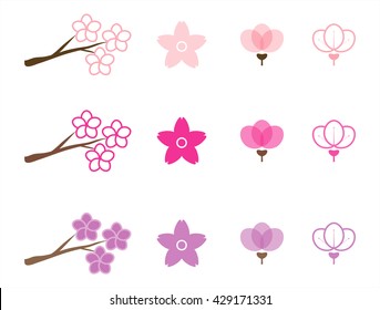 Set Pink Violet Logo Flowers sakura isolated on white color background. Cherry blossom icon set. Vector