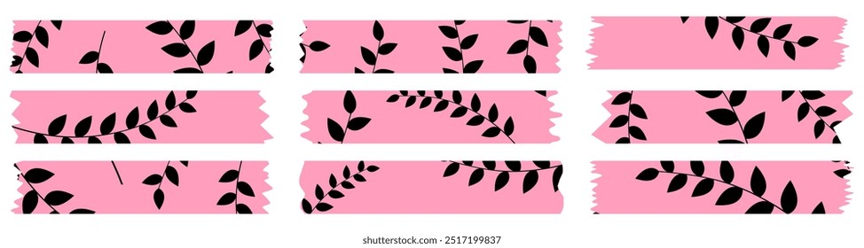Set of pink washi tapes with black leaves pattern isolated on white. Washi tape collection in vector. Pieces of decorative tape for albums. Torn paper