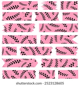 Set of pink washi tapes with black leaves pattern isolated on white. Washi tape collection in vector. Pieces of decorative tape for albums. Torn paper