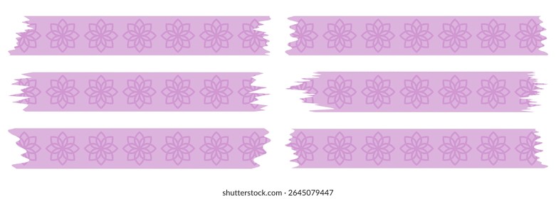 Set of pink washi tapes with pattern isolated on white. Tapes collection in vector. Pieces of decorative tape for scrapbooks. Torn paper. Spring, summer, purple