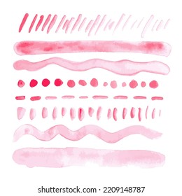 Set of pink watercolor brush strokes,shapes.Collection of decorative elements on white background.Vector illustration.
