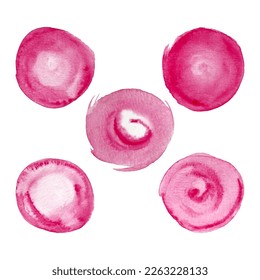 Set Pink watercolor Circles for design. Pink lipstick, cosmetics, beauty.