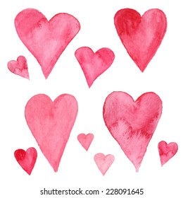 Set of pink watercolor hearts - hand drawn ink colors on paper texture - for greeting cards, Valentine's Day, the concept of love, label, poster - vector illustration