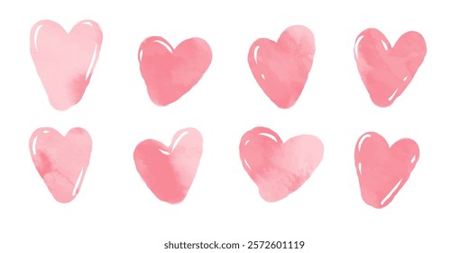 Set of pink watercolor hearts in vector. Texture illustration with love and relationship concept for Mother's Day, for lovers and friendship. 