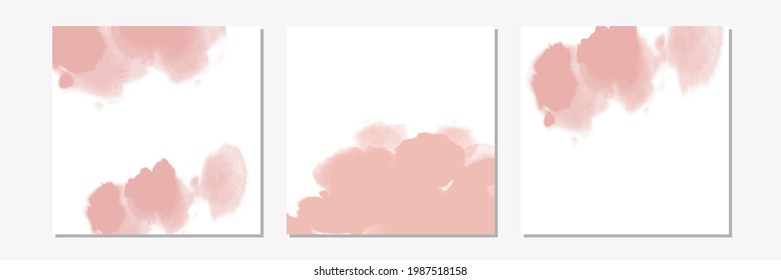 Set of pink watercolor or ink stains background. Abstract  paint shapes. Isolated texture on white. Modern minimalist art. Design for party invitation or poster.