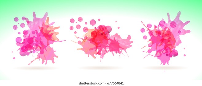 Set of pink watercolor stains, smudges and stains. Red watercolor banner.  Color palette. Abstract watercolor background. Vector illustration. 