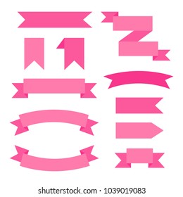 Set of pink web graphic decorative ribbons, vector icons. Different variations of classic ribbon shapes isolated on white background.