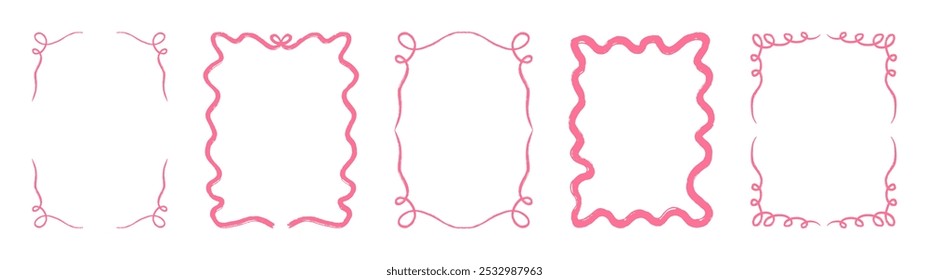 Set of pink whimsical frames. Hand drawn wavy frames for trendy invitations, cards, menu design. Vector illustration of doodle rectangular borders isolated on white background.