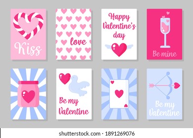 Set of pink, white and blue colored cards for Valentine's Day or wedding. Lollipop, heart, glass, jar, heart, dove, card, arrow, etc. Vector flat design isolated on gray background