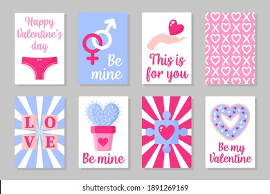Set of pink, white and blue colored cards for Valentine's Day or wedding. Lingerie, hand, heart, cactus, puzzle, donut, etc. Vector flat design isolated on gray background