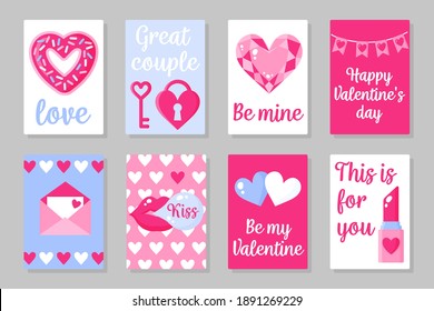 Set of pink, white and blue colored cards for Valentine's Day or wedding. Donut, key, lock, diamond, love letter, kiss, gum, lipstick, etc. Vector flat design isolated on gray background