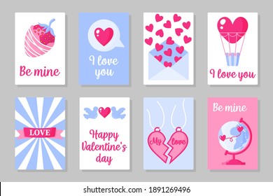 Set of pink, white and blue colored cards for Valentine's Day or wedding. Strawberry, love letter, balloon, dove, pendant, globe, etc. Vector flat design isolated on gray background