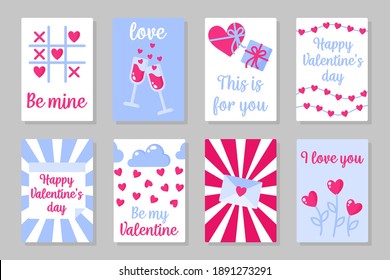 Set of pink, white and blue colored cards for Valentine's Day or wedding. Game, glass, gift, love letter, flower, etc. Vector flat design isolated on gray background