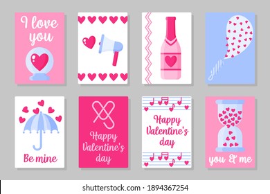 Set of pink, white and blue colored cards for Valentine's Day or wedding. Ball, glass, speaker, champagne, fireworks, music, hourglass, ect. Vector flat design isolated on gray background
