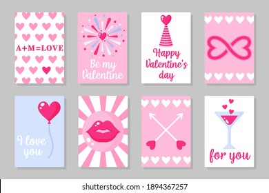 Set of pink, white and blue colored cards for Valentine's Day or wedding. Fireworks, infinity, balloon, kiss, lips, gum, arrow, cocktail, ect. Vector flat design isolated on gray background