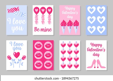 Set of pink, white and blue colored cards for Valentine's Day or wedding. Candy, balloon, ice cream, rose, kiss, potion, heels, ect. Vector flat design isolated on gray background