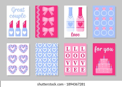Set of pink, white and blue colored cards for Valentine's Day or wedding. Lipstick, bow, champagne, bottle, ring, donut, cake, ect. Vector flat design isolated on gray background