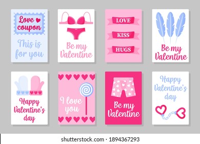 Set of pink, white and blue colored cards for Valentine's Day or wedding. Coupon, lingerie, feather, lollipop, candy, panties, ect. Vector flat design isolated on gray background