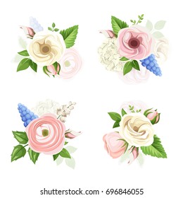 Set of pink, white and blue flowers isolated on a white background. Vector illustration.