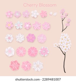 Conjunto de elementos en flor de cerezo rosa y blanco. Recorte de papel y diseño artesanal.  Ilustración vectorial.
