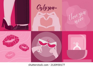 Set of pink and white colored cards for Valentine's Day or wedding. Heart, kiss, lips, inscription, frame, etc. Vector flat design