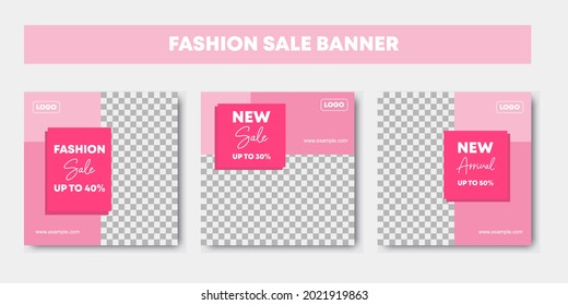 Set of pink and white colored minimalist style banner template. Fashion sale promotion editable square templates for design of social networks, web internet ads. Vector illustration