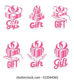 Set of pink and white graphic line art gift box logo templates, vector illustration isolated on white background. Gif box with ribbon and bow, hand offering, giving a present