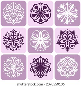 Set of pink and white mandala isolated on background. Vector decorative round ornaments. Minimal design elements flower shape of snowflake icon for logo, tattoo artwork.
