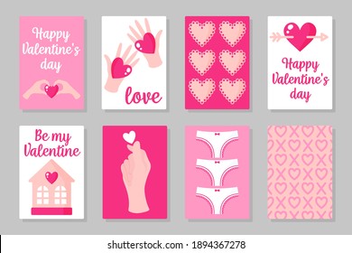 Juego de tarjetas de color rosa, blanco y rojo para el Día de San Valentín o la boda. Mano, encaje, flecha, casa, lencería, bragas, etc. Diseño plano vectorial aislado en fondo gris