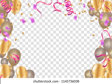 Set of pink, white transparent with confetti helium balloon isolated in the air. Party Vector Illustration