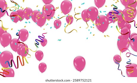 Set of pink, white transparent with confetti helium balloon isolated in the air.for birthday, anniversary, celebration, event design. Vector illustration