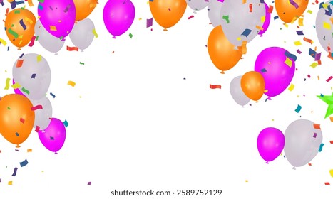 Set of pink, white transparent with confetti helium balloon isolated in the air.for birthday, anniversary, celebration, event design. Vector illustration
