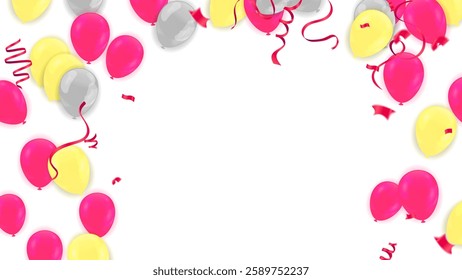Set of pink, white transparent with confetti helium balloon isolated in the air.for birthday, anniversary, celebration, event design. Vector illustration