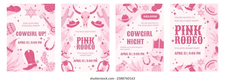 Set of pink Wild West-themed party poster templates with cowboy and rodeo illustrations. Cartoon vector design for event promotion. Poster mockups for greeting cards, invitations, or banners.