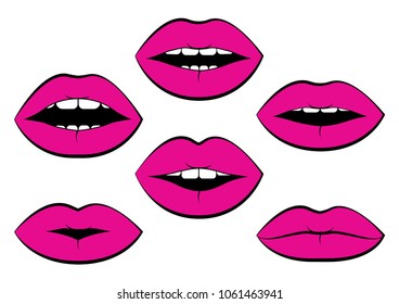 Set of pink woman's lips with different emotions. Vector illustration