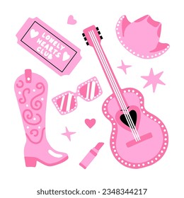 A set of pink women's accessories. Boots, guitar, hat, ticket, lipstick and glasses. Girly style for dolls