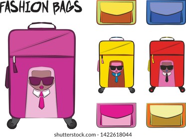 Set of pink women's bags.  Vector fashion illustration isolated on a white background. 
Different types of stylish bags, satchel, saddle, hobo, doctor, clutch, duffel, tote, barrel, suitcase 
