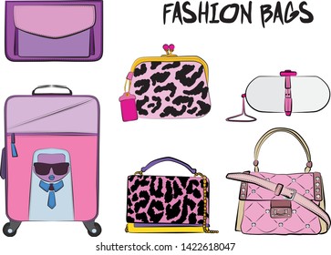 Set of pink women's bags.  Vector fashion illustration isolated on a white background. 
Different types of stylish bags, satchel, saddle, hobo, doctor, clutch, duffel, tote, barrel, suitcase 
