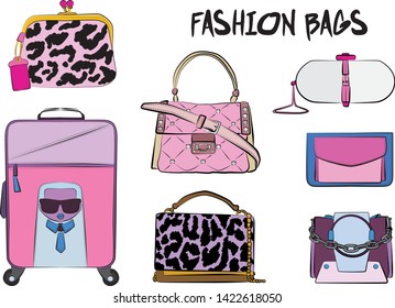 Set of pink women's bags.  Vector fashion illustration isolated on a white background. 
Different types of stylish bags, satchel, saddle, hobo, doctor, clutch, duffel, tote, barrel, suitcase 
