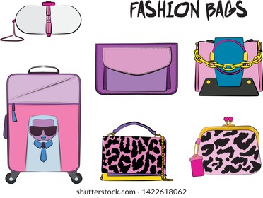 Set of pink women's bags.  Vector fashion illustration isolated on a white background. 
Different types of stylish bags, satchel, saddle, hobo, doctor, clutch, duffel, tote, barrel, suitcase 
