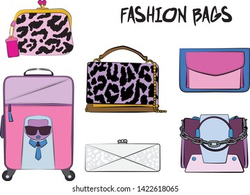 Set of pink women's bags.  Vector fashion illustration isolated on a white background. 
Different types of stylish bags, satchel, saddle, hobo, doctor, clutch, duffel, tote, barrel, suitcase 
